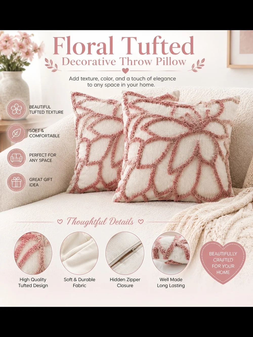 Floral Tufted Decorative Throw Pillow - Blush Pink With Insert